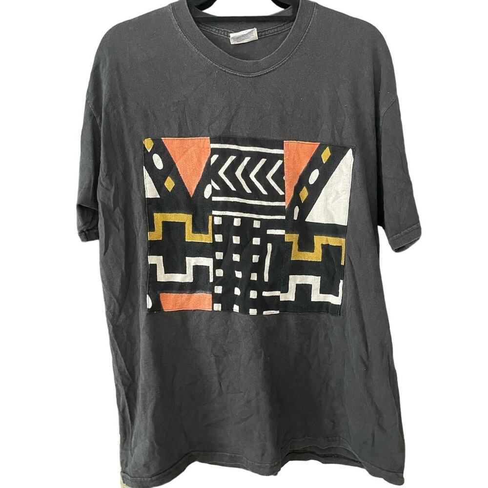 Vintage 90s Art Patches Black Shirt Adult Large